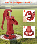 Old School Cast Iron Hand Pitcher Water Pump For Garden And Pond, Antique Manual Well Pump With NPT One And A Quarter Inch Connection, Easy Install, Up To 25 Feet Lift, Classic Backyard Farm Decor That Also Keeps Water Flowing, Red.