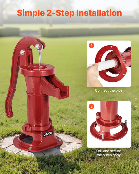 Old School Cast Iron Hand Pitcher Water Pump For Garden And Pond, Antique Manual Well Pump With NPT One And A Quarter Inch Connection, Easy Install, Up To 25 Feet Lift, Classic Backyard Farm Decor That Also Keeps Water Flowing, Red.