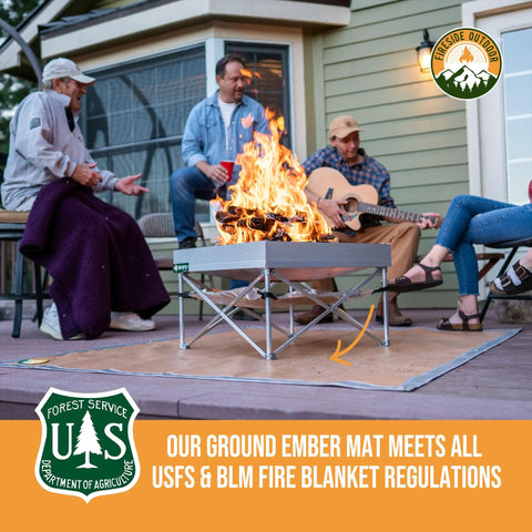Under Grill Fire Pit Mat For Outdoor Deck And Grass Protection being used under a fire pit on a deck with people seated nearby