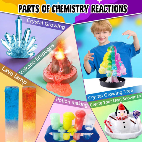 Collage of experiments from 110 Hands On Science Experiments Kit For Kids A Super Fun Educational Chemistry And Physics Lab Set