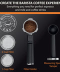 Heavy Duty 15 Bar Espresso Maker With Sca Certified Precision Temperature Control And Sleek Automatic Milk Frother Plus Fast Heat Cup Warmer For Real Deal Home Barista Magic accessories including filter holders and tampers.