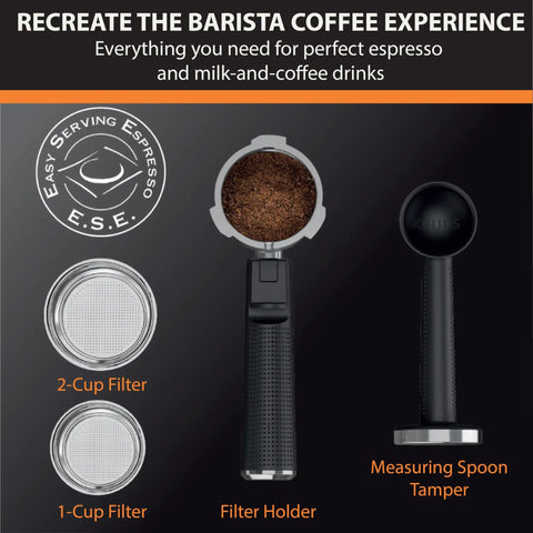 Heavy Duty 15 Bar Espresso Maker With Sca Certified Precision Temperature Control And Sleek Automatic Milk Frother Plus Fast Heat Cup Warmer For Real Deal Home Barista Magic accessories including filter holders and tampers.