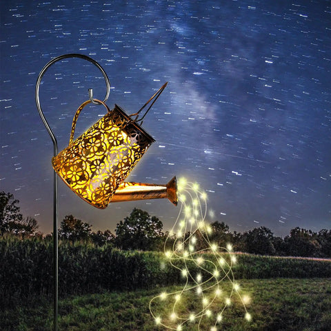 Watering Can Solar Lights With Cascading Glow For Outdoor Vibe Hanging Lantern For Garden in dark sky setting