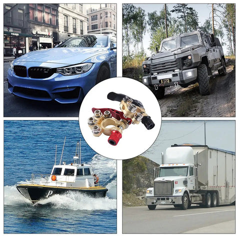 4 Way Quick Release Battery Terminal Connectors Set for SAE JIS Type A Posts depicted with car, truck, boat, and armored vehicle images