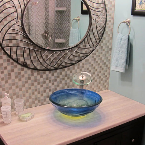 Thick Round Glass Vessel Bathroom Sink With Blue Yellow Green Swirl Dope Look Stylish Modern Three Quarter Inch Tempered Glass