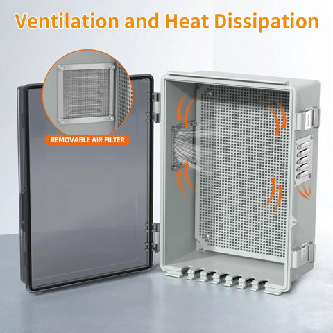 Outdoor Waterproof Electrical Junction Box IP67 Weatherproof Enclosure For Outdoor Wiring Dustproof And Ventilated For Heat Dissipation 11.8 By 6.7 By 5.6 Inches Tough As Nails All Weather Stainless Steel Shell with removable air filter