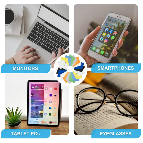Collage of electronics and eyewear: laptop, smartphone, tablet, and eyeglasses with blue banners.