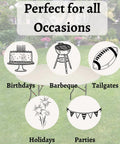 Image showing a 60 Inch Round Fitted Plastic Table Cover on a table, labeled for occasions like birthdays, BBQ, tailgates, holidays, parties.