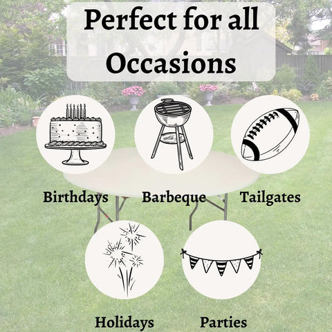 Image showing a 60 Inch Round Fitted Plastic Table Cover on a table, labeled for occasions like birthdays, BBQ, tailgates, holidays, parties.