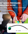 RV Propane Hose Extension 18 Inch Stainless Steel Braided Pigtail Hose With One Quarter Inch Inverted Flare And 90 Degree Angle Connector For Propane Regulator Single Pack displayed on propane tank.