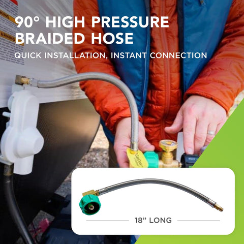 RV Propane Hose Extension 18 Inch Stainless Steel Braided Pigtail Hose With One Quarter Inch Inverted Flare And 90 Degree Angle Connector For Propane Regulator Single Pack displayed on propane tank.