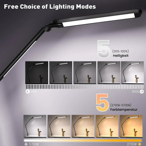 LED Desk Lamp With Clamp Clip On, Sleek Design, adjustable brightness and color temperature modes, 16 inch swivel head