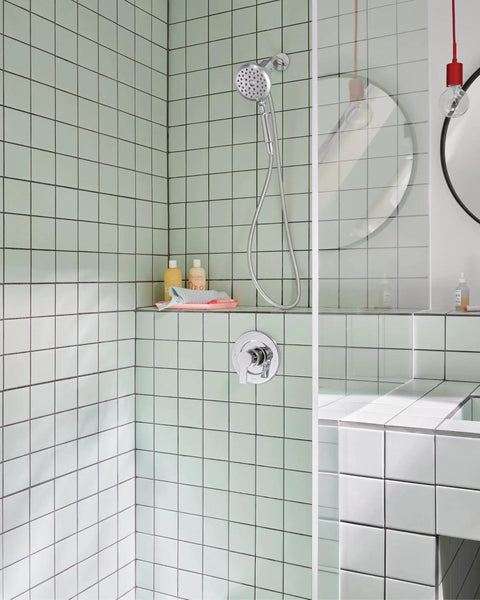 Detachable Round Handheld Shower Head With Magnetix Docking System Chrome Finish 60 Inch Hose Infiniti Dial in green tiled shower.