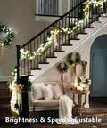 Living room with Color Changing Christmas Lights 33ft 100 LEDs RGB Red White Blue With Remote Dimmable USB Indoor Decor on stairs.