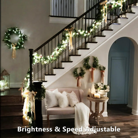 Living room with Color Changing Christmas Lights 33ft 100 LEDs RGB Red White Blue With Remote Dimmable USB Indoor Decor on stairs.