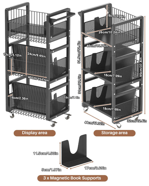 Super Sturdy Double Sided Rolling Book Cart With Triple Tier Open Shelving And Magnetic Book Supports Built Tough For Busy Libraries And Classrooms Across America