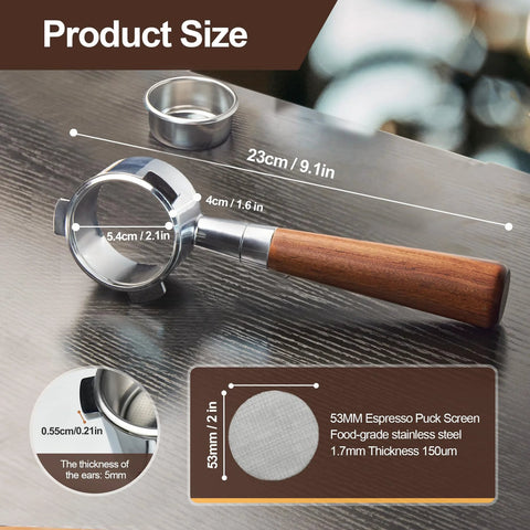 Bottomless espresso portafilter with rosewood handle, stainless steel 54 mm basket, for Breville BES870XL.