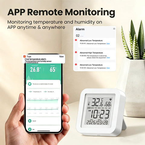 Real Time WiFi Temperature Humidity Monitor With App Alerts And Alexa Control For Home Garage Wine Cellar And Greenhouse 2.4GHz WiFi Only TUYA Sensor Hygrometer Real Time Readings Push Alerts Alexa Compatible, LCD display