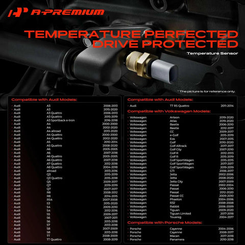 Heavy Duty Engine Coolant Temperature Sensor For Audi And Volkswagen Models, showcasing OEM fitment and compatibility details.