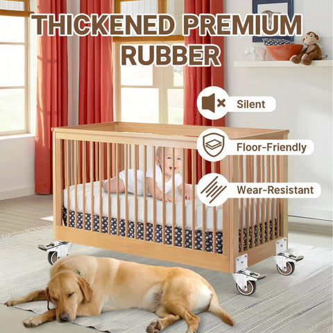 Wooden baby crib on four 3-inch side-mount caster wheels, installed, on a rug in a bright nursery
