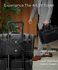 Man holding black underseat duffle bag for travel lightweight carry on personal item that fits under airplane seat weekender luggage.