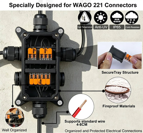 IP65 Waterproof Outdoor Junction Box With Cable Glands for Lever Nut Connectors, SecureTray Structure with WAGO 221 Connectors