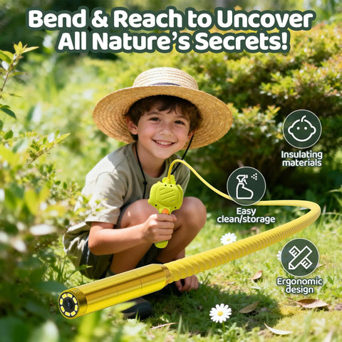 Child exploring nature with Kids Borescope Snake Camera Toy with Waterproof Flexible Tube Lights and 2.4 Inch Screen outdoors.