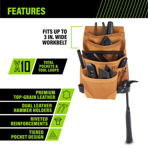 Genuine Leather Tool Pouch for Electricians With Multiple Pockets and Belts Up to Three Inches Wide Pro Grade Belt Organizer Tan LT 683 3