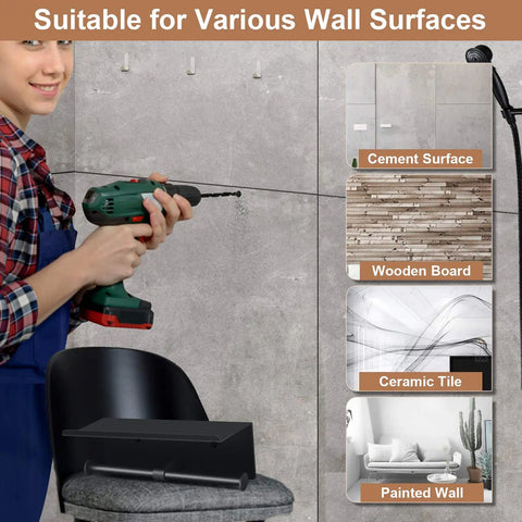 Person using drill to mount Double Roll Toilet Paper Holder with Shelf on various surfaces, showcasing wall compatibility.
