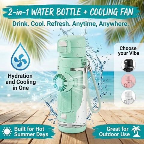 2-In-1 Hydration Bottle With Built-In Foldable Cooling Fan, 23 Oz Portable Dual Drinking Cup, in tropical beach setting