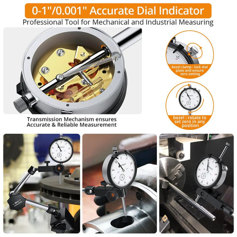 Dial Indicator 0-1 Inch With 0.001 Inch Resolution And Magnetic Base, On-Point Readouts, Secure Locking With Metal Limit Switch, 132 Lb And 60 Kg Hold, Ideal For Machining, Calibration, And Tight Tolerances, on magnetic base in machining setup