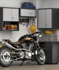Heavy Duty Wall Mounted Steel Garage Cabinet With Locking Doors And Adjustable Shelves Built To Last Storage For Your Workshop Or Shed Utility Room Black And Gray Finish above a motorcycle