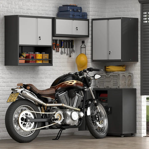 Heavy Duty Wall Mounted Steel Garage Cabinet With Locking Doors And Adjustable Shelves Built To Last Storage For Your Workshop Or Shed Utility Room Black And Gray Finish above a motorcycle