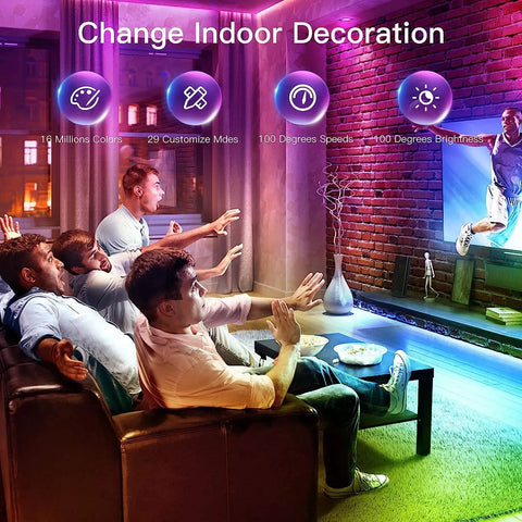 People enjoying Ultra Long 100 Feet RGB LED Strip Lights With App Control And Music Sync 5050 LED Beads in a living room setting