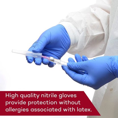 Person wearing Premium Nitrile Exam Gloves Small Pack 200 Count Ambidextrous Beaded Cuffs Latex Free Powder Free Disposable Medical Use.