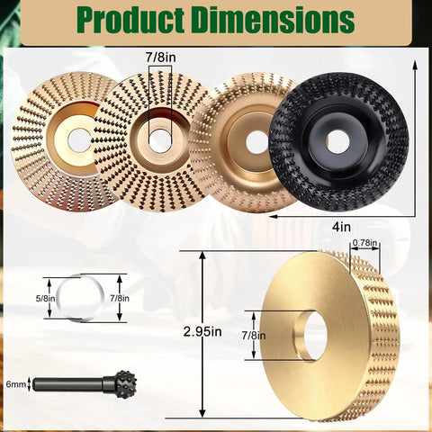 Product image showing 14 Piece Wood Carving Discs Set For 4 Inch And 4.5 Inch Angle Grinders With Rotary Burrs and adapters.