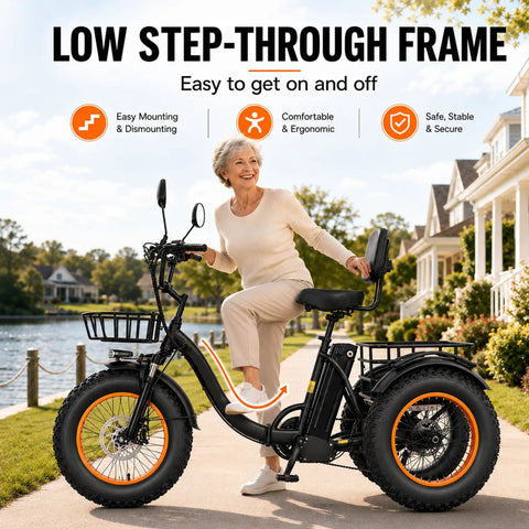 Electric Tricycle For Adults With 1350W Peak Motor Folding 3 Wheel Ebike 48V 15.6Ah Battery 20 Inch Fat Tire Beast 20 MPH Top Speed Differential Drive Black And Orange low step-through frame with rider and rear cargo basket