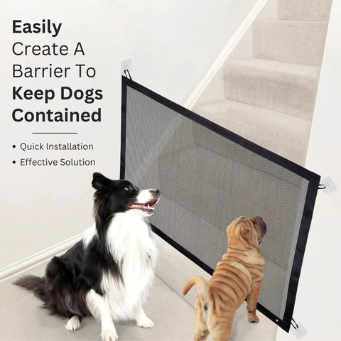 Retractable Mesh Dog Gate For The House No Drilling Portable Folding Baby Gate Install Anywhere With 3 Poles And 8 Hooks To Block Pets From Underneath 30 Inch High 39 Inch Wide shown in doorway with two dogs