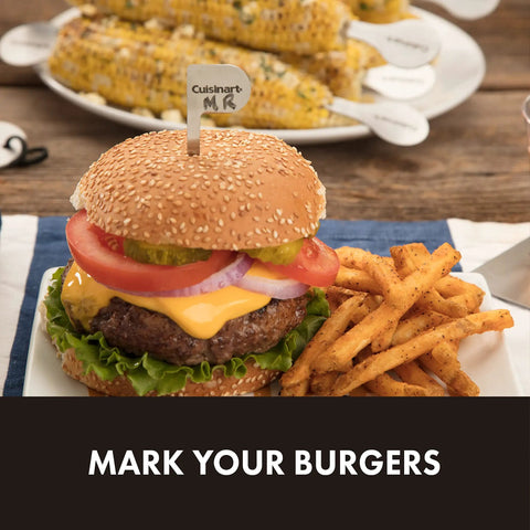 Burger with cheese, lettuce, tomato, and onions with fry side, marked with flag from 36 Piece Grill Tool Set With Spatula Fork Tongs Basting Brush Replacement Brush Heads Heat Resistant Glove 6 Stainless Steel Skewers 8 Corn Holders 10 Burger Flags Saw Tooth Grill Scraper Bottle Opener Temperature Guide Backyard BBQ Ready.