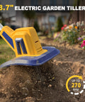 Cordless Garden Tiller Cultivator With 20V Battery in action, showing 8.7 inch width and 270 RPM speed tilling soil.