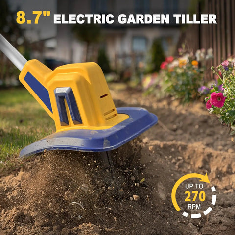 Cordless Garden Tiller Cultivator With 20V Battery in action, showing 8.7 inch width and 270 RPM speed tilling soil.
