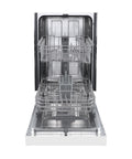 Interior view of Smooth Cleaning Countertop Dishwasher 18 Inch In Crisp White, featuring two stainless steel racks.