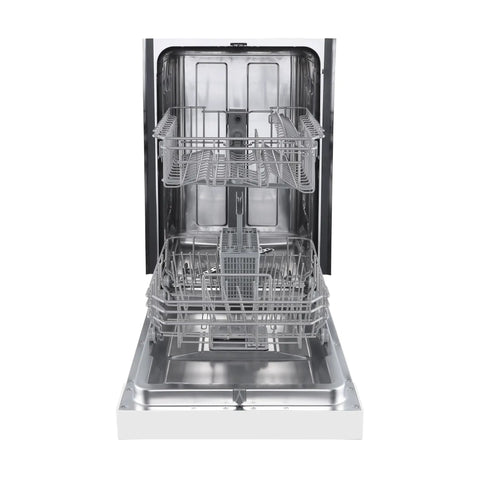 Interior view of Smooth Cleaning Countertop Dishwasher 18 Inch In Crisp White, featuring two stainless steel racks.