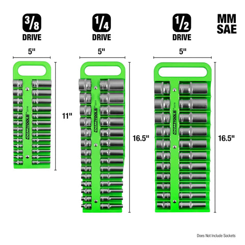 Three Pack Portable Magnetic Socket Organizer Tray For One Quarter Inch, Three Eighth Inch, And One Half Inch Drive Sockets, Green