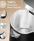 Ultra Portable 0.8L Electric Kettle With Stainless Steel Build, showing stainless steel interior, lid, filter, and spout.