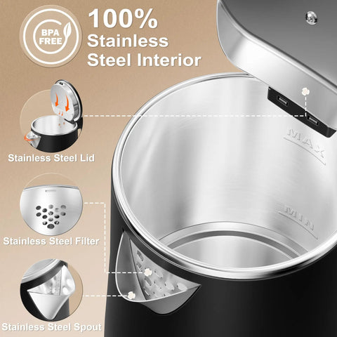 Ultra Portable 0.8L Electric Kettle With Stainless Steel Build, showing stainless steel interior, lid, filter, and spout.