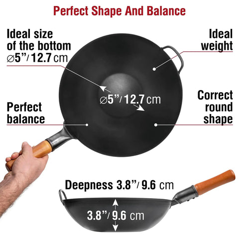 Top view of 13.5 Inch Carbon Steel Wok Pan Pre Seasoned Flat Bottom Wok For Stir Fry Grilling BBQ Camping No Fuss Outdoor Cooking