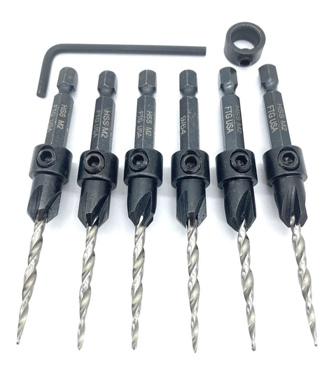 Six Piece Countersink Drill Bit Set For Wood With Depth Stop Collar And Hex Wrench Tapered Four Flute Countersink Bits For Woodworking Pros Carbon Steel Tools Adjustable Countersink And One Hex Wrench For Precise Depth Control