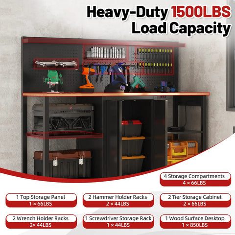 60 Inch Heavy Duty Garage Workbench with Pro Grade Tool Organizer System, showing hammer and wrench holder racks and storage compartments