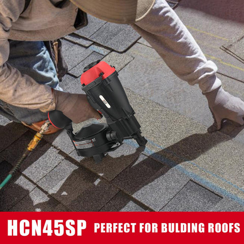 Coil Roofing Nailer For Three Quarters Inch To One And Three Quarters Inch Nails, Pneumatic Roof Nail Gun in use on shingles